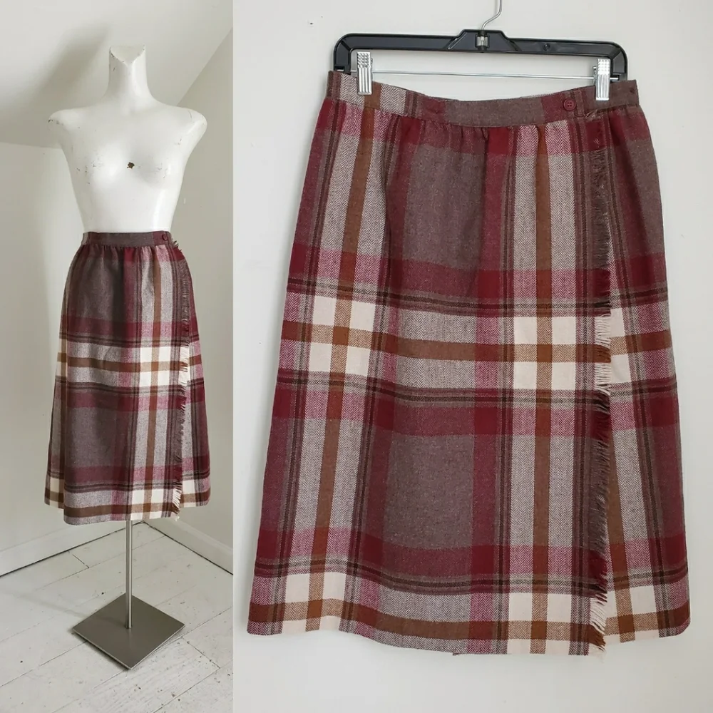 Vintage ILGWU Wool Blend Berry & Brown Wrap Skirt Size 12 - Picture 1 of 8